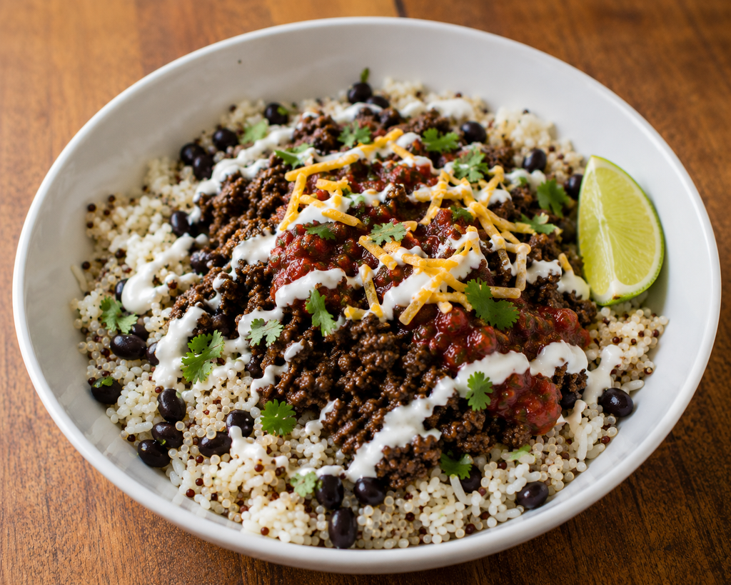 Wagyu beef power bowl with quinoa, black beans, salsa, shredded cheese, sour cream drizzle, cilantro, and a lime wedge.