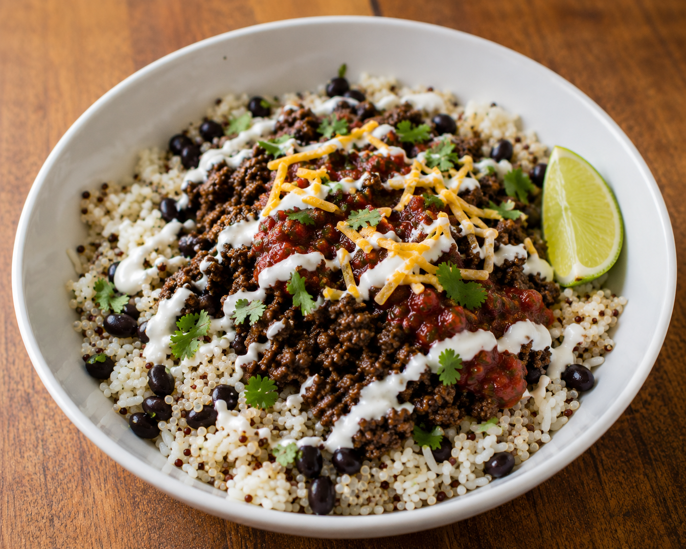 Wagyu beef power bowl with quinoa, black beans, salsa, shredded cheese, sour cream drizzle, cilantro, and a lime wedge.